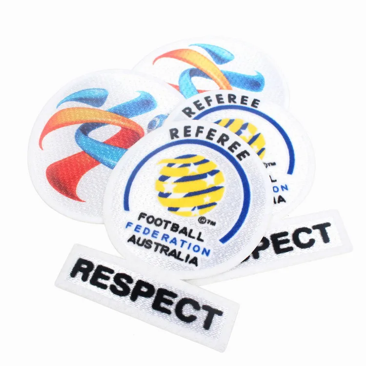 

Heat Transfer Printing Design Custom Colorful 3D Football Team Logo Flocking Patches for Sportswear
