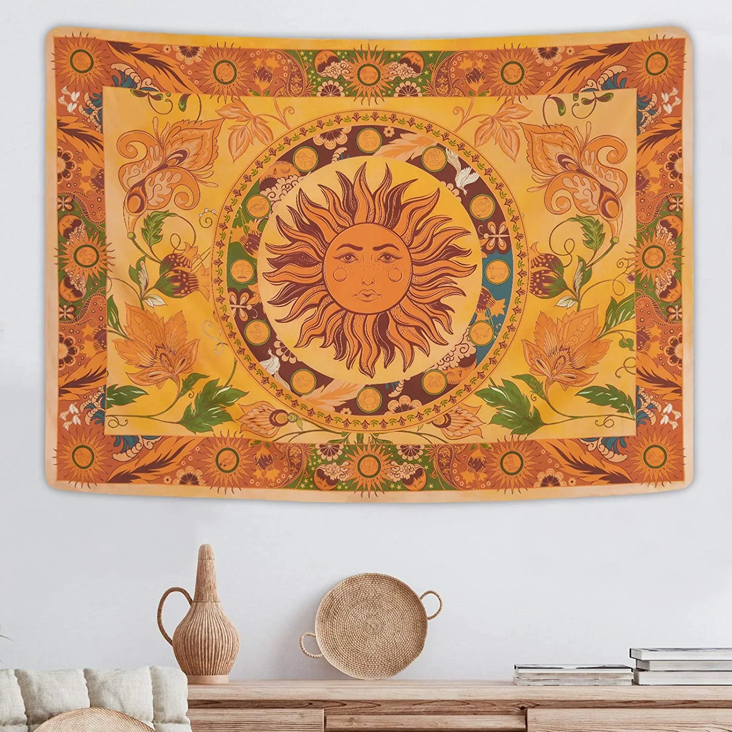 

Mysterious Burning Sun Flower Vine Retro Flower Tapestry Hippie Tapestry Room Tapestry