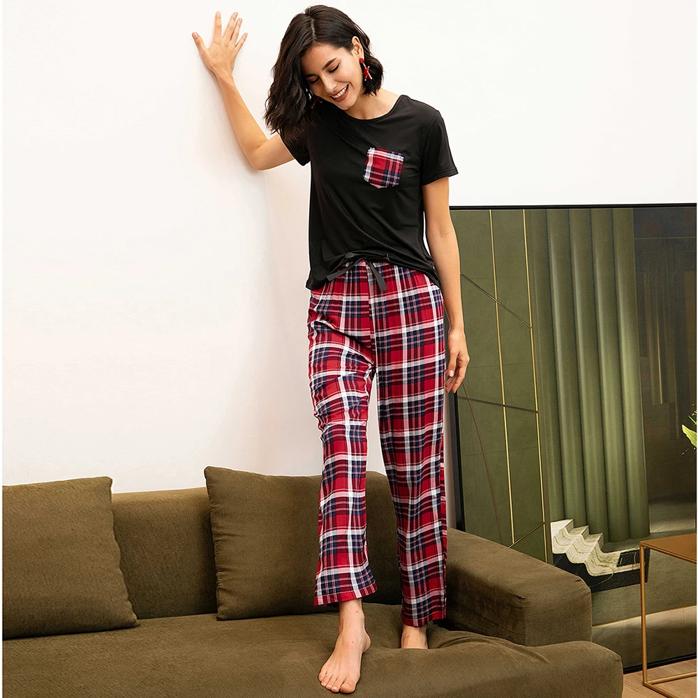 

95% rayon 5% spandex shortsleeve checkered designer pyjamas night sleep dress 2 piece girls women ladies loungewear pajamas set