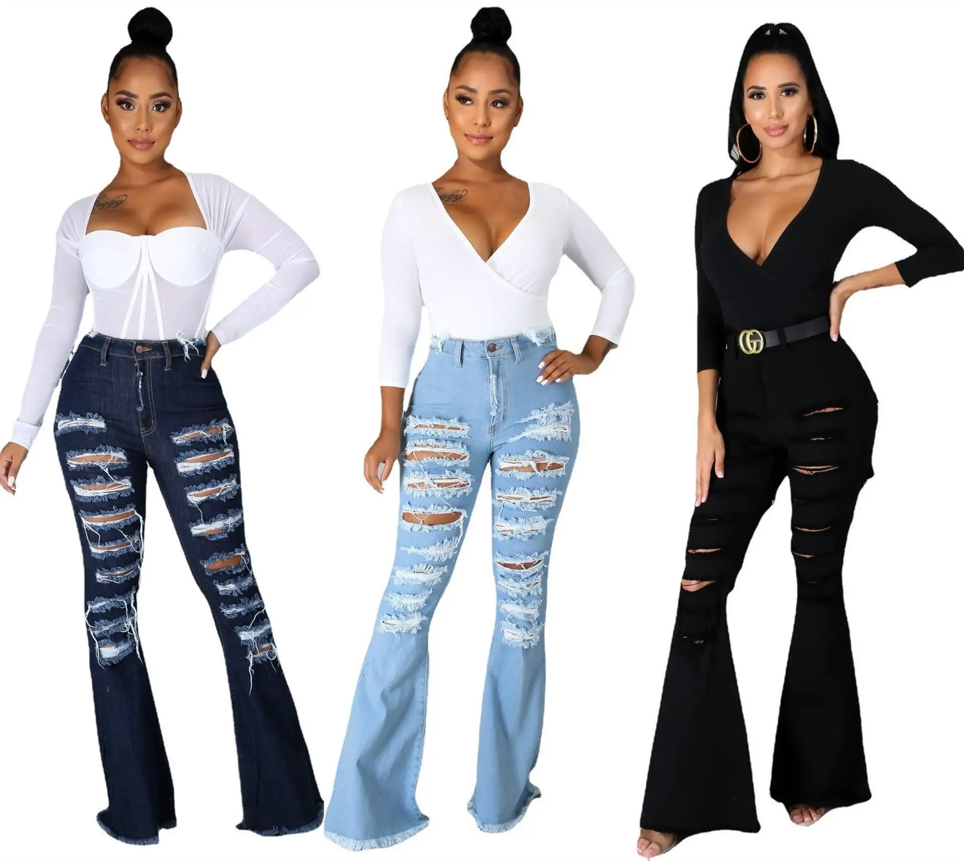 

High fashion 2021 women jeans Ripped slim-fit flared Solid color denim trousers