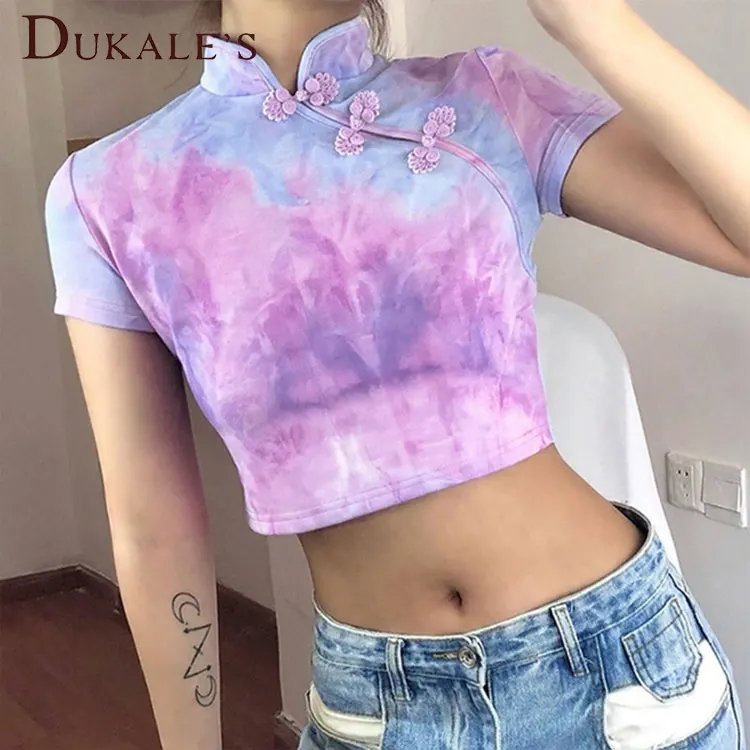 

Girl Pastal Pink Cheongsam Collar women tie-dye crop top pastal vintage slim sexy midriff tie dye stretch crop top t shirt