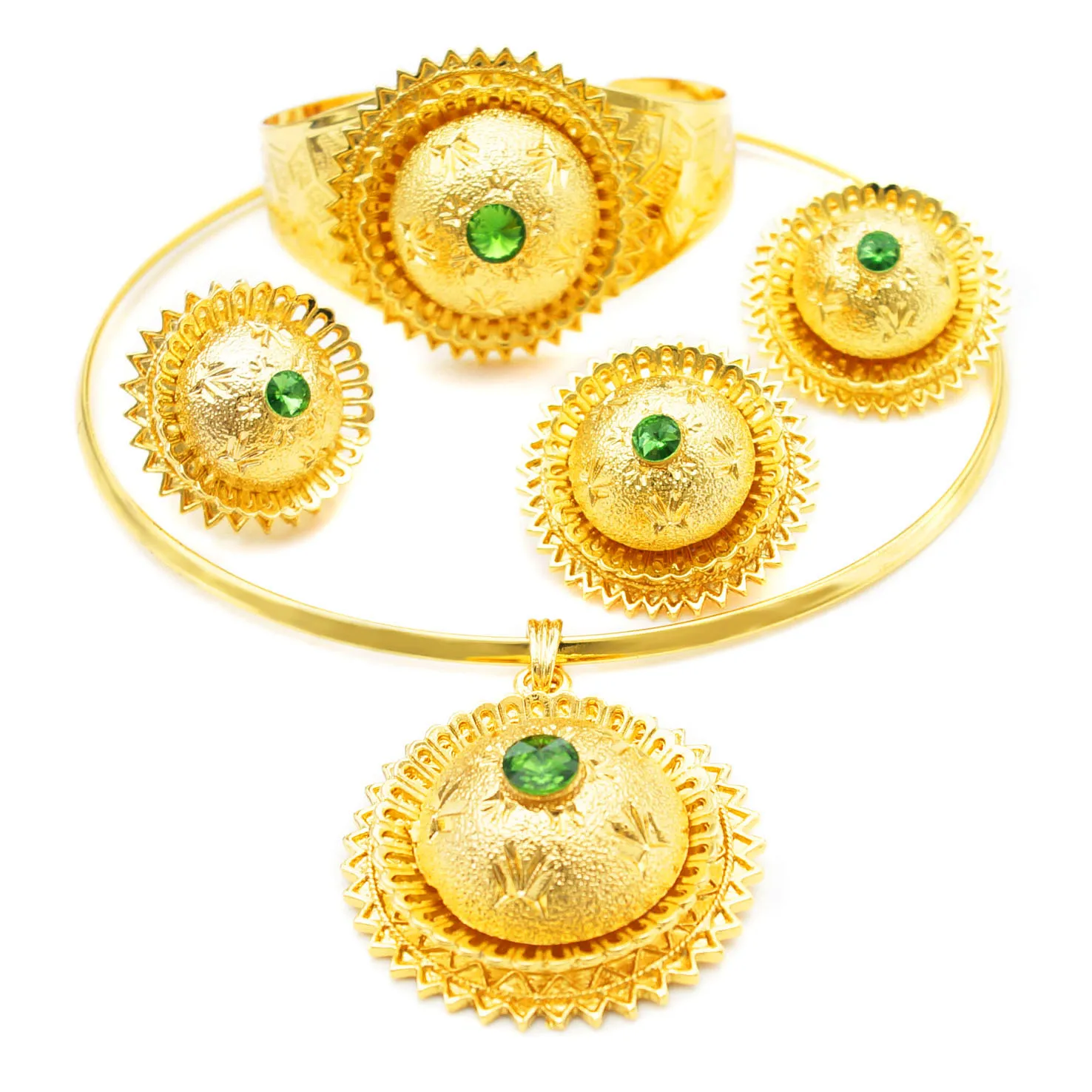 

New Hot Sale Gold Plated Jewelry Set Fashionable Bowknot With Emerald Flower Jewelry Sets Ethiopian Bride Wedding Necklace Set
