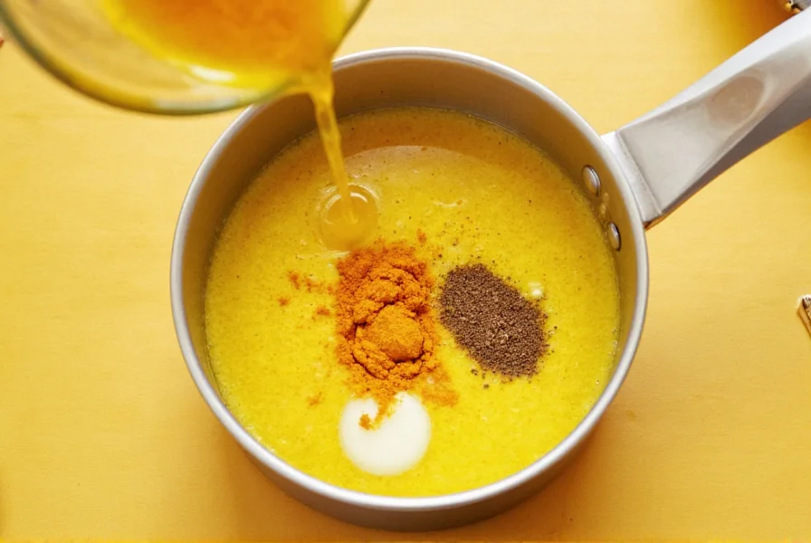 Turmeric golden milk preparation showing turmeric powder, black pepper, and coconut oil being mixed in a small saucepan