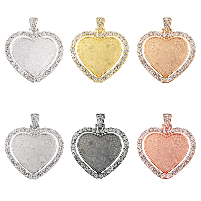 

Including chain,Rotating Heart-Shaped Blanks Sublimation Custom Memory Photo Pendants Diamonds Jewelry Charm Bling Necklaces, Picture shows