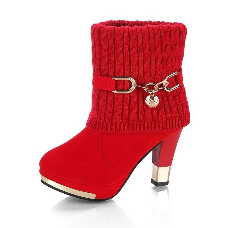 

Autumn and Winter new cotton-padded shoes with velvet women's thick heel wool ankle boots high heels red wedding shoes