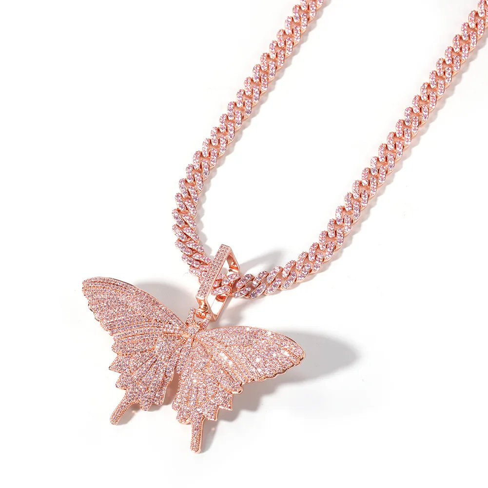 

Fashion Pink Zircon Big Butterfly Pendant Necklace Iced Out Zircon Men And Women Hip-Hop Accessories Butterfly Necklace, As picture