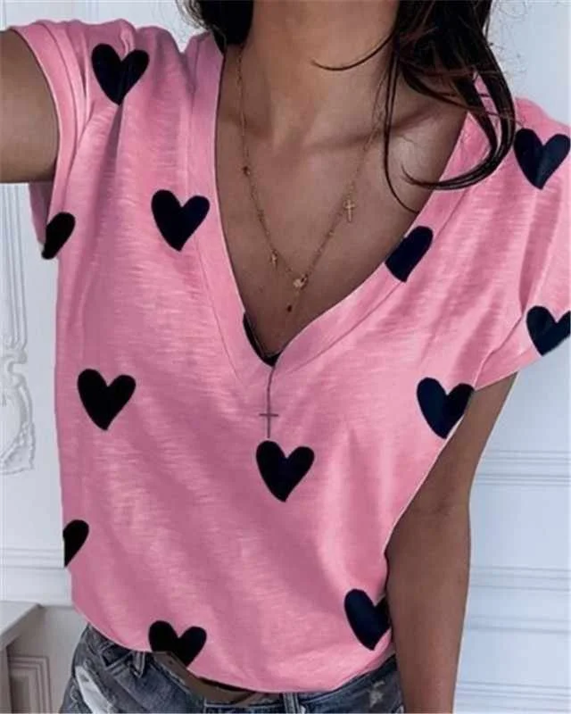 

Summer New Simple Printed Peach Heart V-neck T-shirt Loose Top Bottoming Shirt Women, Picture showed