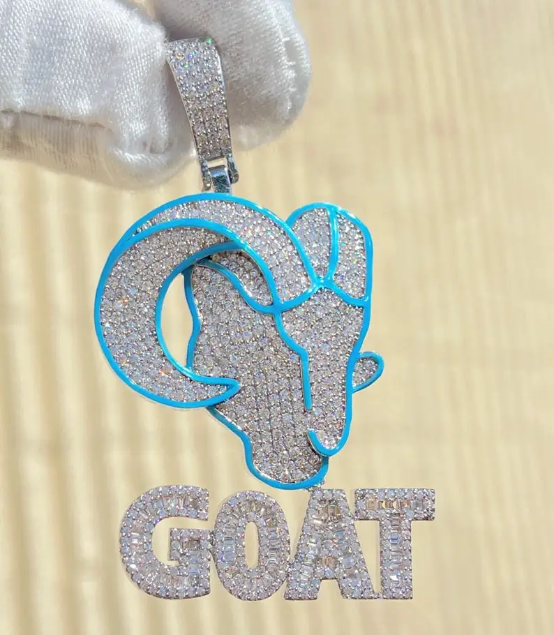 

Rhodium Gold Plated Blue Enamel Micro Pave 5A CZ Iced Out Bling Men Hip Hop Goat Pendant, Rose gold