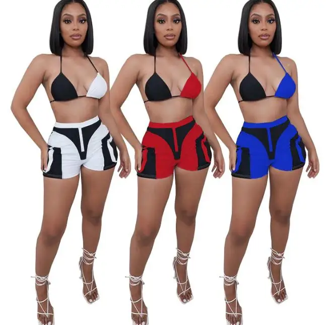 

2021 sexy new sets women bras shorts two piece outfits halter patchwork pockets shorts 2pcs clothing set suits