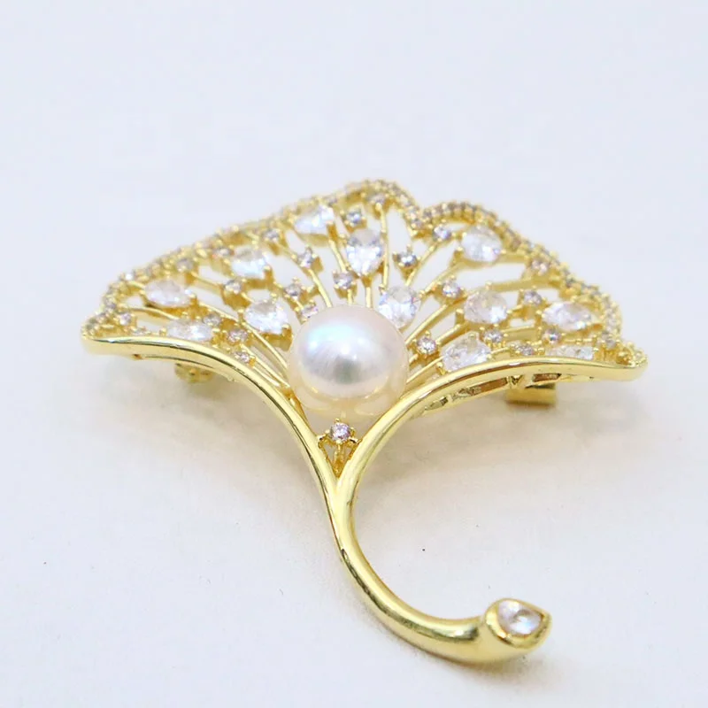 

High Quality Elegant Fashion Jewelry Fine Ginkgo Leaf Real Pearl Brooches Pins for Women Jewelry, Yellow+white