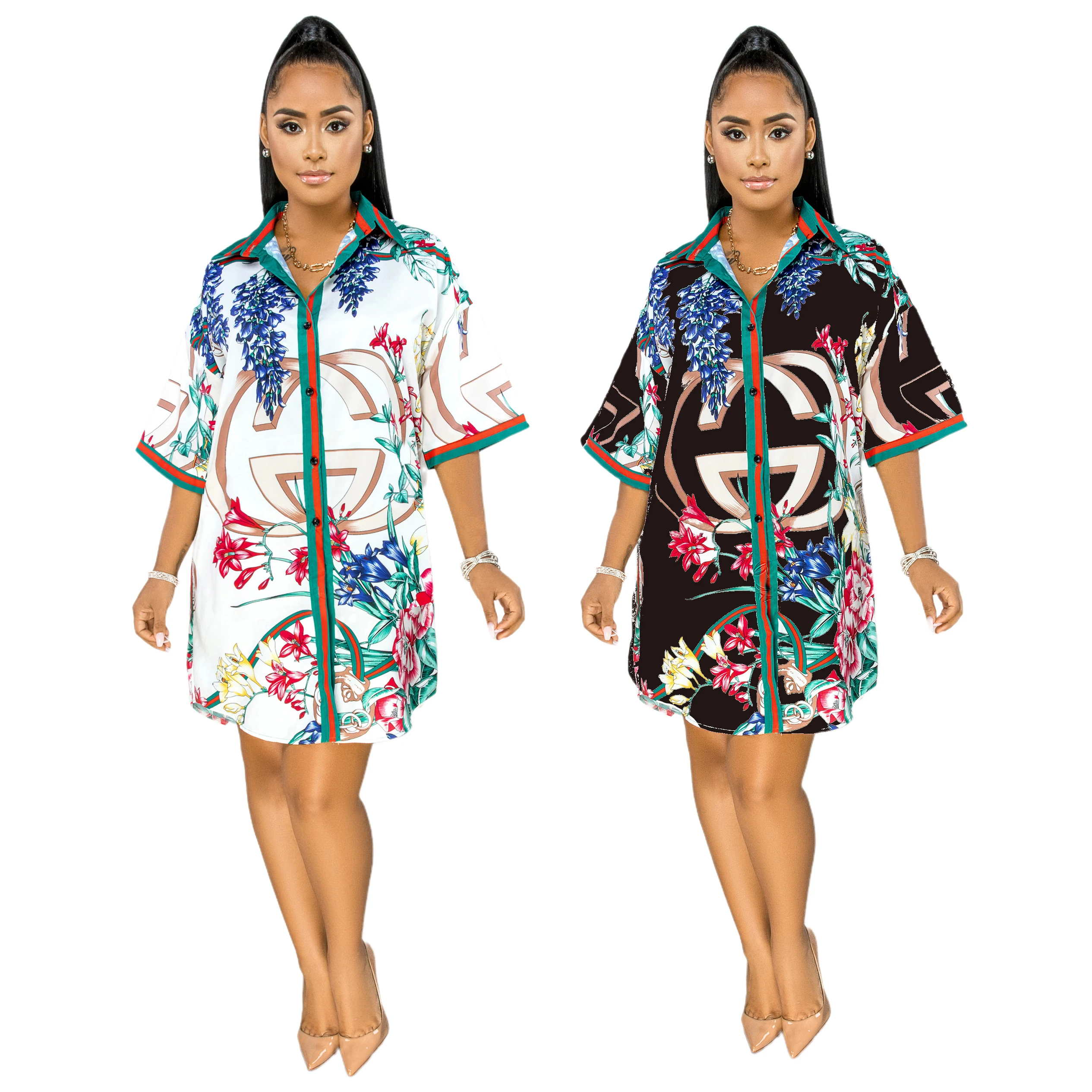

Women Floral Print T Shirt Dress Button Down Collar Loose Blouse Tops Mini Dress