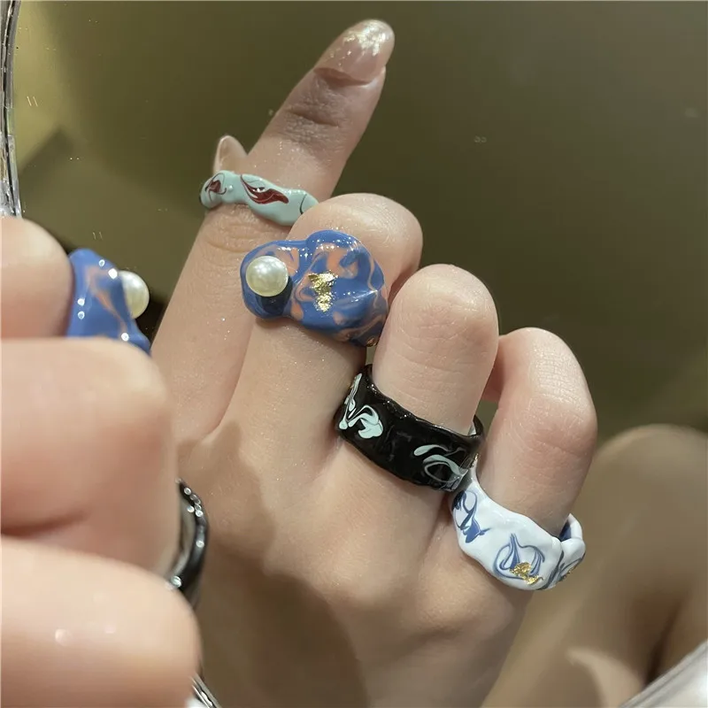 

Korean New Custom Gold Leaf Pearl Plating Irregular Colored Enamel Rings Oil Dripping Open Finger Ring Jewelry For Women Men, 4 colors