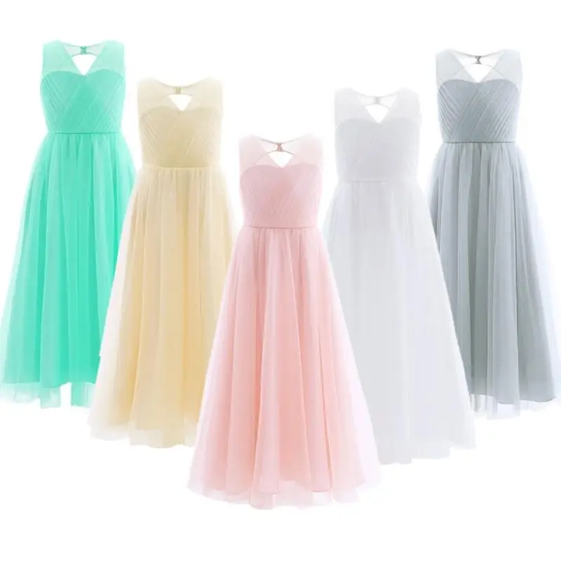 

New Arrived Girls Prom Long Gowns Mesh Cutout Back Junior Princess Pageant Wedding Birthday Party Dress