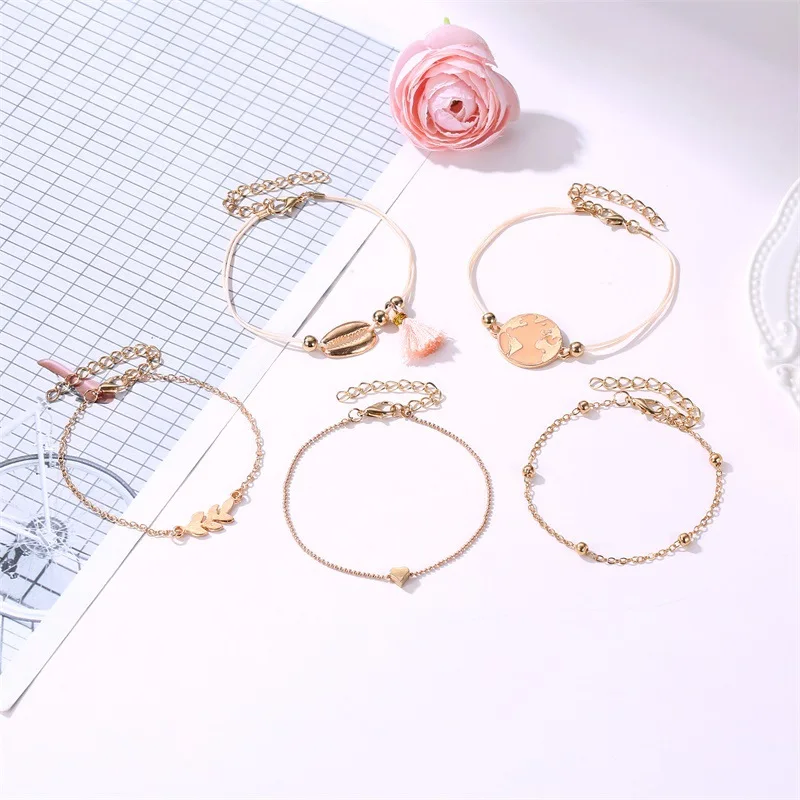 

Designer charms for diy metal shell wheat-ear bracelet female Tassel love world map 5-piece bracelets bracelet bangle woman, Gold color