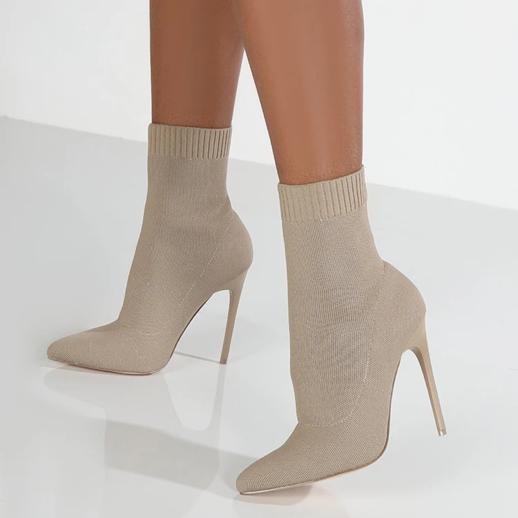 

Popular Womens Boot 2021 Fashion Stiletto Solid Pointed Heels Women Knitted Boots, Black,beige,coffee