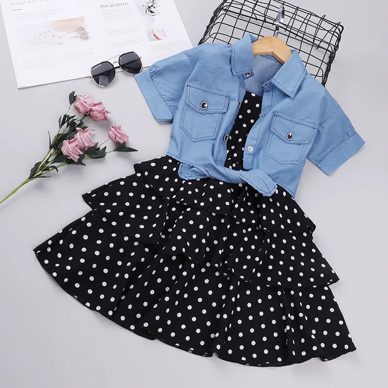 

2022 spring and summer ins foreign trade children's short-sleeved denim jacket + polka-dot sling skirt girl suit to customize