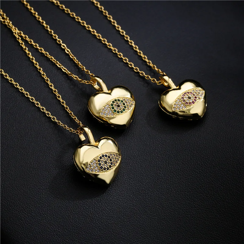 

New Fashion 14k Gold Plated Micro Pave CZ Evil Eyes Necklaces Crystal Rhinestone Heart Pendant Necklaces For Women