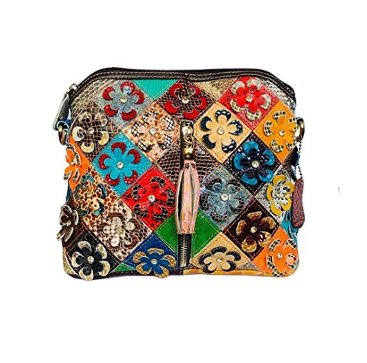 

Womens Multicolor tassel handbag Boston Bag Genuine Leather Colorful Floral Shoulder Bag Small Crossbody Mini Patchwork