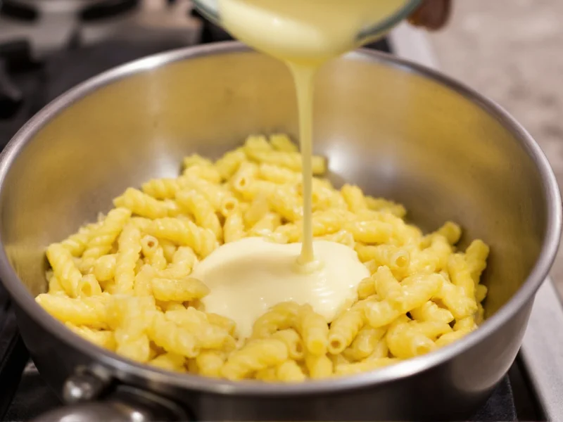 Creamy cheese sauce being poured over pasta in stovetop