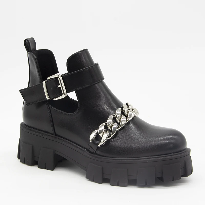 

2020 new boots chain decormative black ankle fashion popular women winter flat thick bottom boots