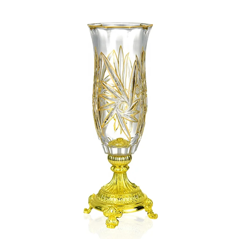 

Home decor Golden line rim crystal glass table vase with gold metal stand