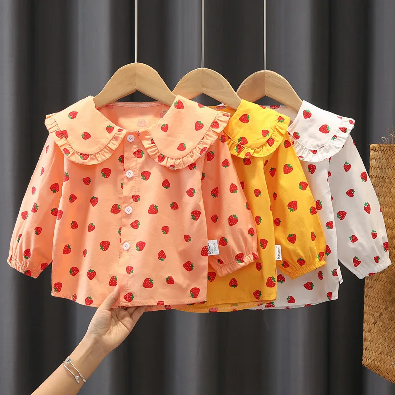 

Children's Shirt For Girls Blouse Strawberry Print Doll Collar Baby Shirt Long Sleeve Kids Clothing Cotton 2021 Spring Autumn