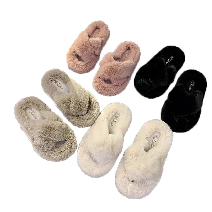 

Women Fashion Warm Fluffy Slippers Cozy Faux Fur Cross Indoor Floor Slides Flat Soft Furry Ladies Slippers