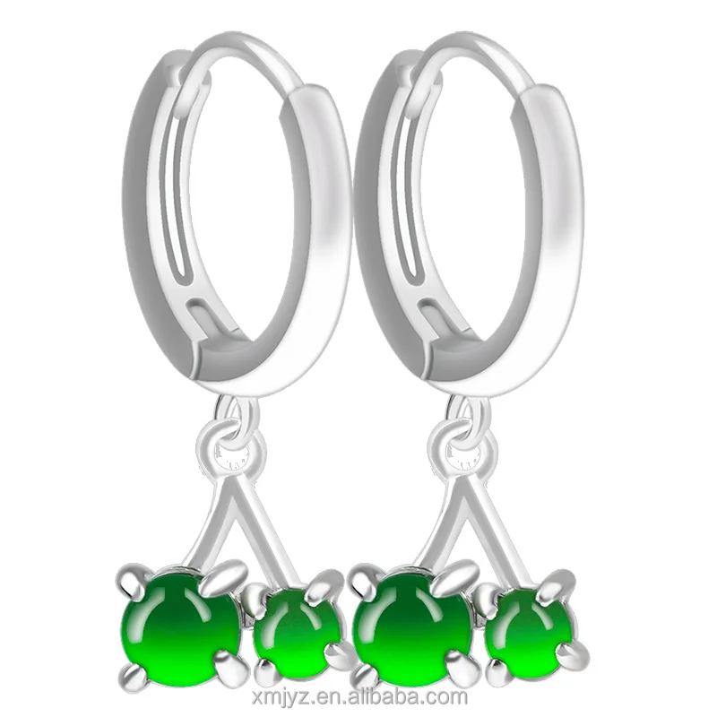 

Certified Grade A S925 Silver Inlaid Natural Jade Cherry Yang Green Ice Stone Stud Earrings Fashion Ornament