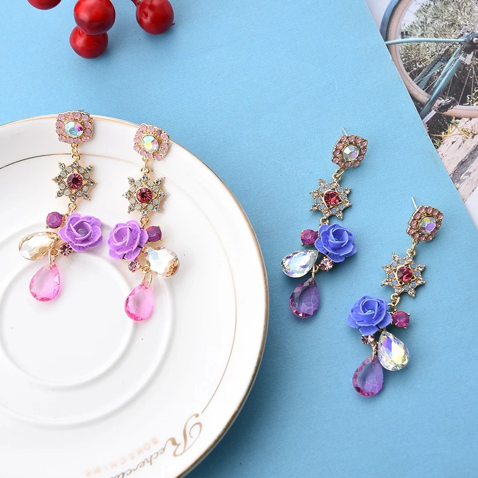 

Kaimei Fashion Waterdrop Crystal pendientes Party Jewelry Korean Elegant Resin Purple/Blue Rose Flower Dangle Earrings For Women, Many colors fyi
