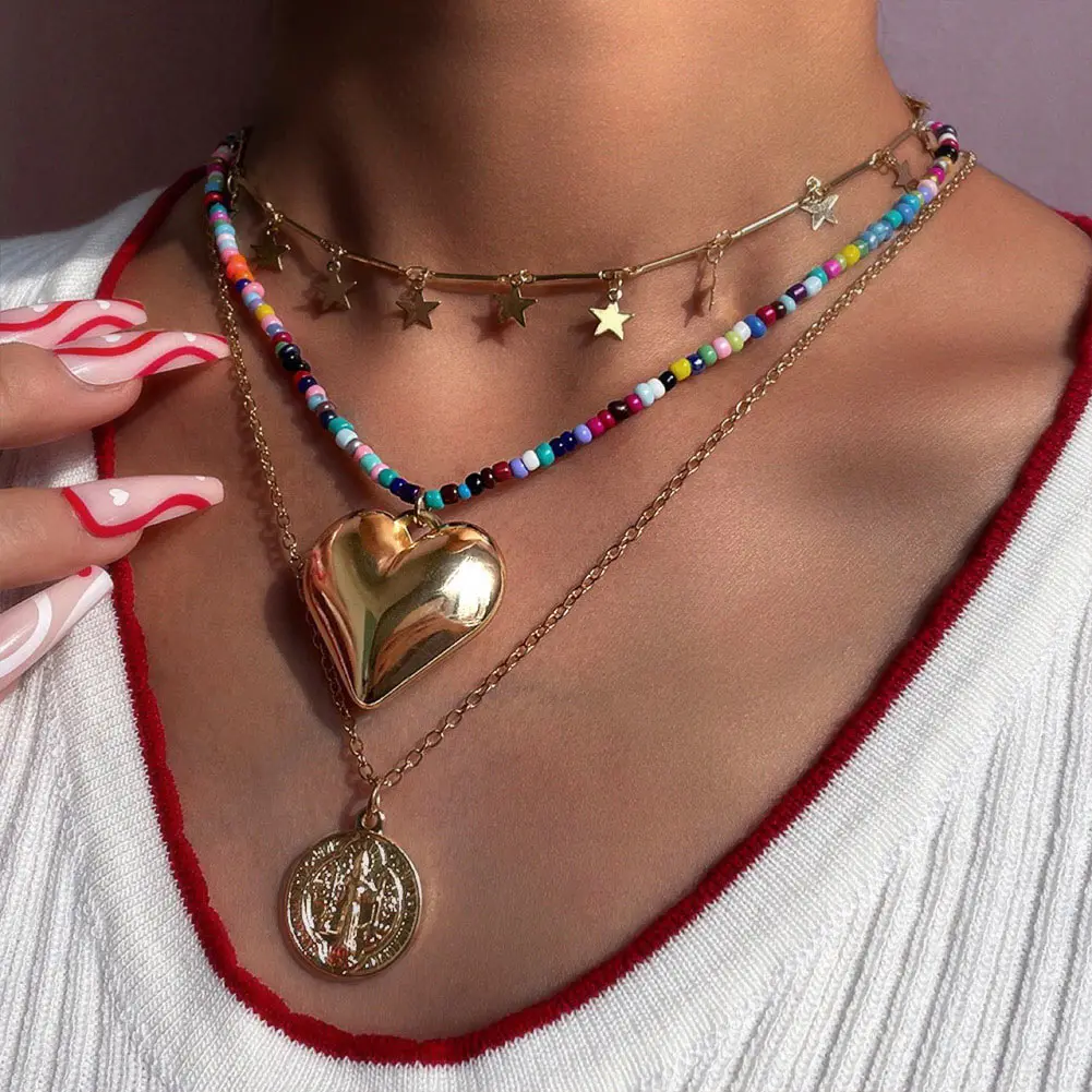 

Vintage Handmade Rainbow Beads Choker Necklace For Women Large Love Heart Shape Multilayer Portrait Pendent Necklace, Gold plated