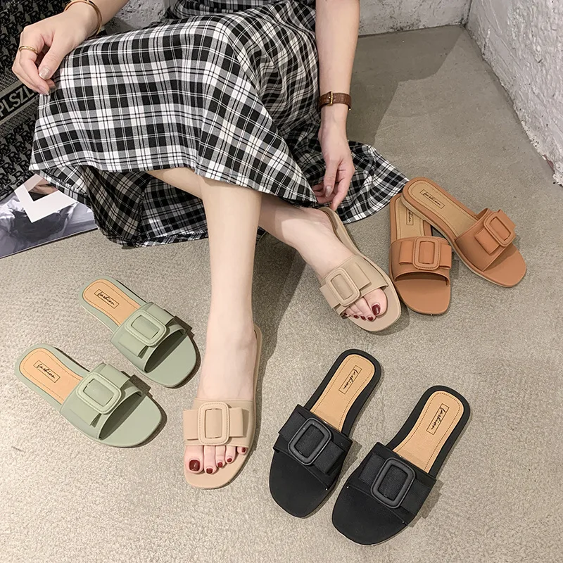 

Fashion Square Buckle Slides Slippers Ladies Summer New Style Home Beach Sandals Flat Women's Slippers