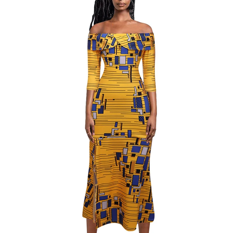 Hot Sale Stylish Lapel Strapless Maxi Print Dresses African Women Elegant Clothing