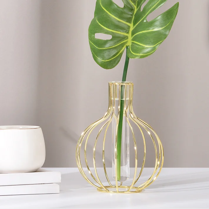 

Wrought Iron Flower Stand Transparent Glass Test Tube Hydroponic Small Vase Desktop Home Decoration