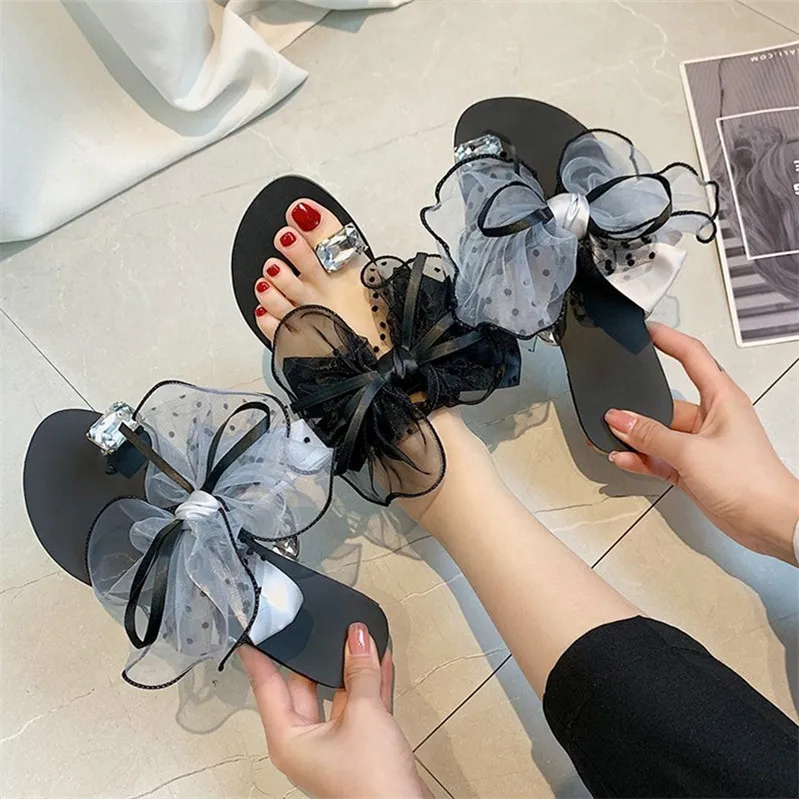 

2021 Large size flat beach sandals women 2021 summer fashion bow set toe rhinestone sandals and slippers, Picture