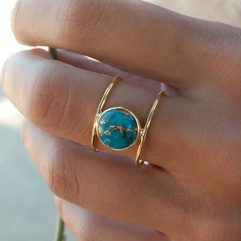 

Hot Selling Natural Gemstones Inlaid Gold Plated Alloy Rings Wholesale Bulk Popular Simple Turquoise Ring