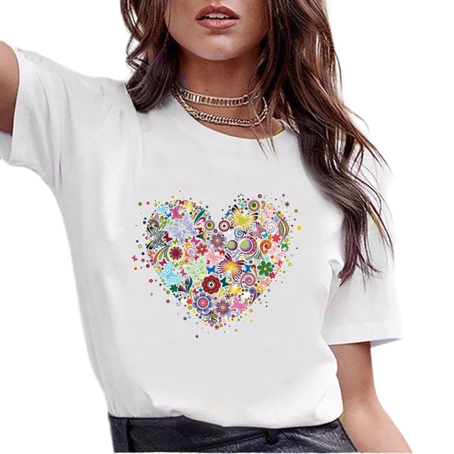 

Wholesale Cheap Women Short Sleeve Graphic Tees Tops Fashion Heart Pattern Print Harajuku White T-shirts