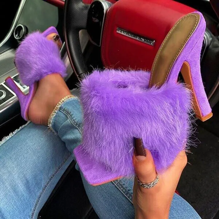 

2021 new arrivals latest open toe slingback square toe women slides slippers thin high heels fur fuzzy sandals, Watermelon red, violet, blue, brown