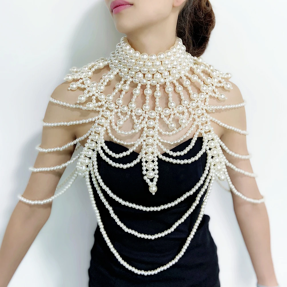 

Sexy Hollow Out Multilayer Quality Women Clothing Pearl Body Jewelry Statement Shoulder Cape Necklace party stage show accessory, White