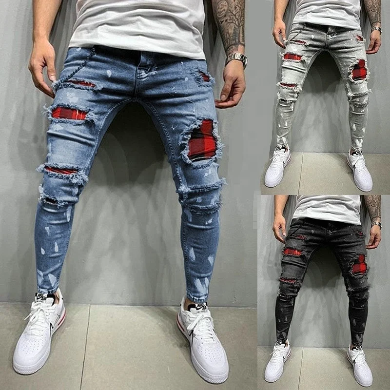 

Slim Jean Patchwork Ripped Skinny Denim Men Jeans