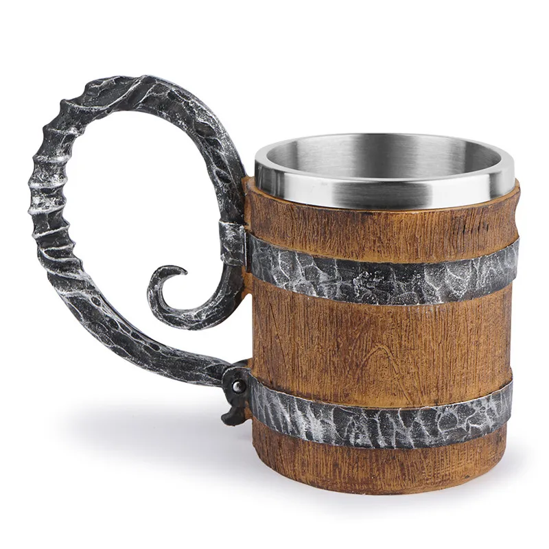 

Vintage Faux Oak Wood Beer Mug, Medieval Retro Viking Stainless Steel Coffee Cup Stein Tankard,17oz/500ML,Unique Gift