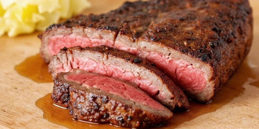 Perfectly seared steak on a plate with herbs