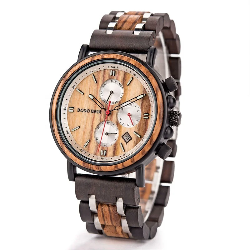 

2021 DODO DEER China Factory Fashion Luxury Zebrawooden Auto Date Chronograph Handcraft Watches Men Wood Watch