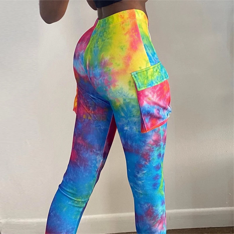 

Tie Dye Print Pocket Slit Stacked Tight Pants Women Streetwear 2021 Fall Winter Fashion Trousers, Picture show