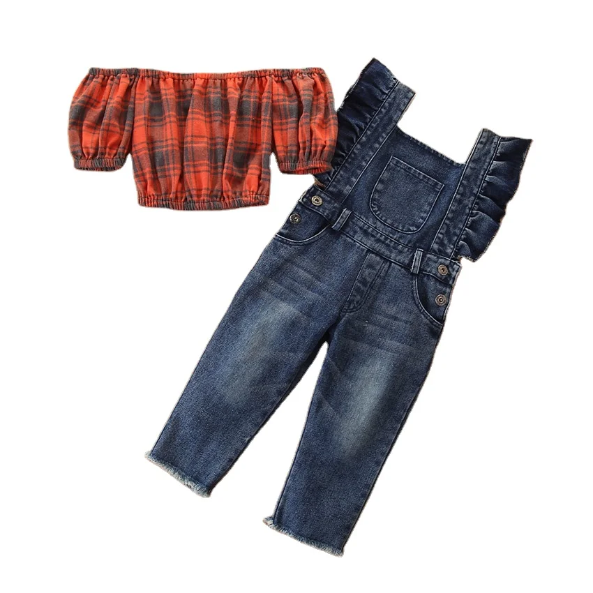 

Wholesale baby girls' off-shoulder shirts and denim overalls children summer clothing sets kid plaid clothes suits, As picture