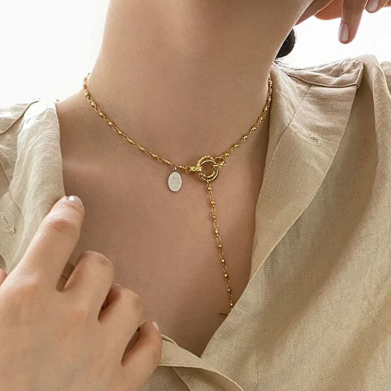 JOOLIM 18k Gold Plated  Ready to Ship High End Stainless Steel Multi Circle Y Type Chain Bar Pendant Necklace