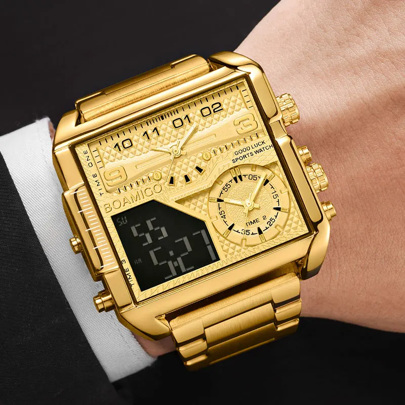 

BOAMIGO 2021 New Top Brand Luxury Fashion Men Watches gold Stainless Steel Sport square digital analog Big Quartz Watch for Men