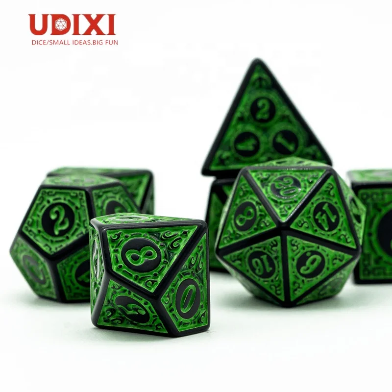 

Udixi Custom logo Plastic Polyhedral RPG Dice D4 D6 D8 D10 D12 D20 Dungeons and Dragons Acrylic Dice Set Dnd Pattern Green