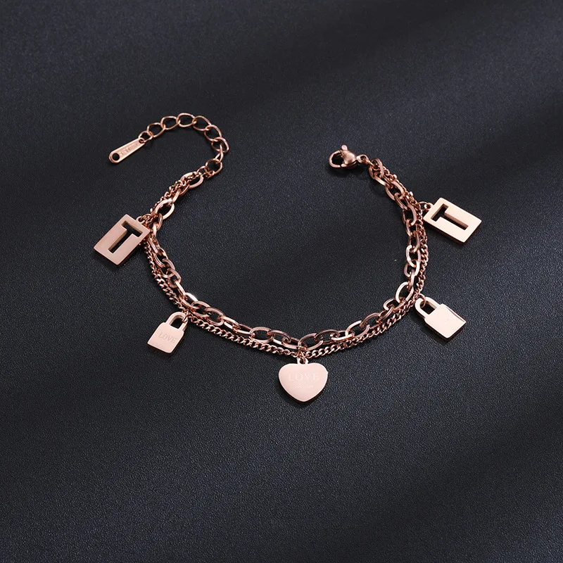 

Titanium steel double thick chain love heart lock bracelet jewelry women rose gold bracelets bangles (KSS302), Same as the picture