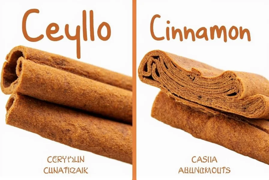 Close-up comparison of Ceylon cinnamon sticks versus Cassia cinnamon sticks showing the thinner, layered structure of Ceylon