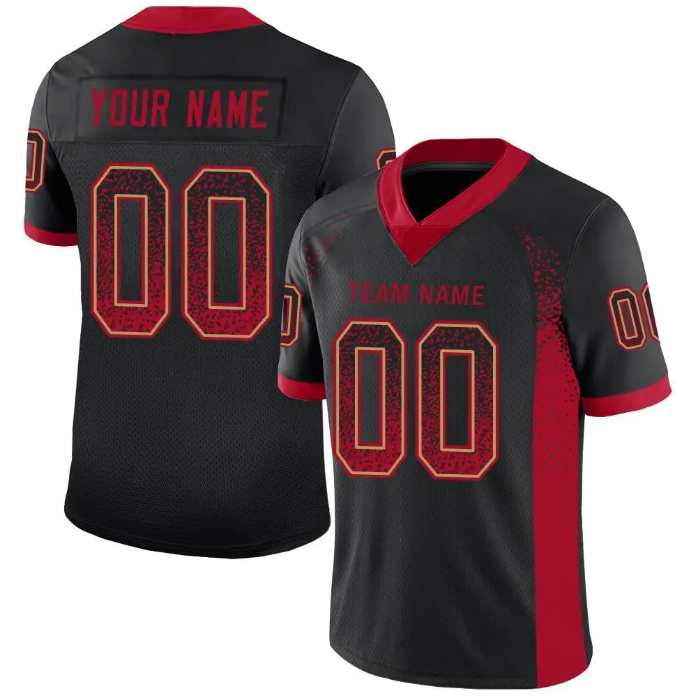 

Custom Black Red-Old Gold Mesh Drift Fashion STITCHED Embroidery Football Jersey Men Kids